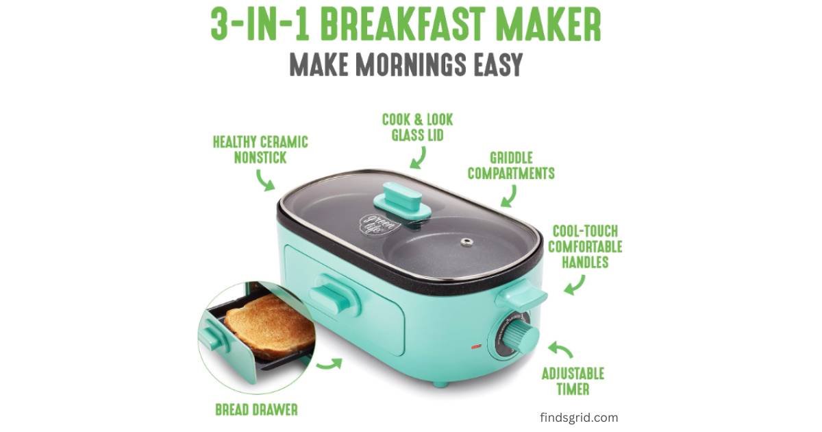 GreenLife 3-in-1 Breakfast Station features and diagram