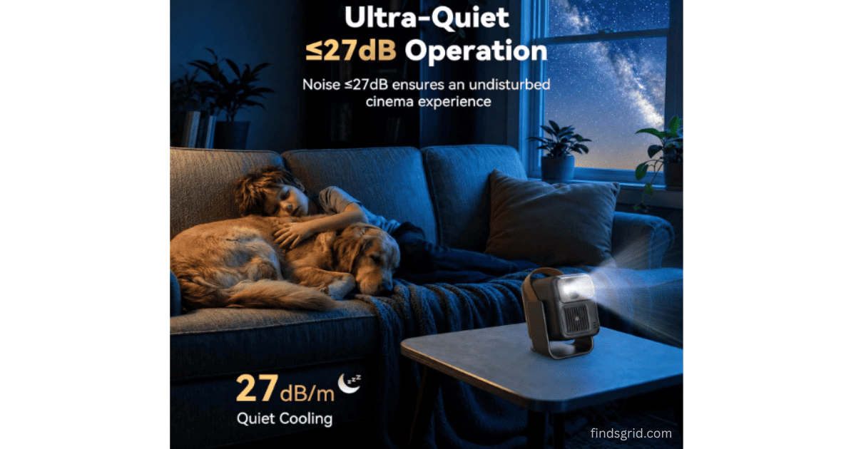 Ultra quiet portable projector operating at less than 27dB for home theater