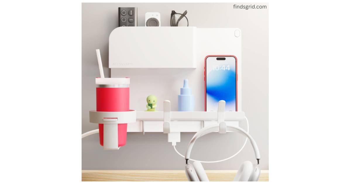 WallShelfie floating bedside organizer with phone, tumbler holder, and headphones