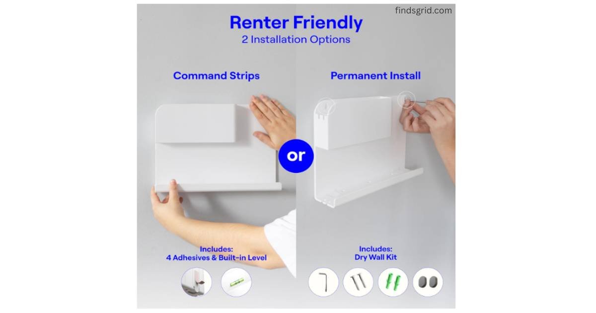WallShelfie installation guide showing Command adhesive strips vs permanent drywall kit