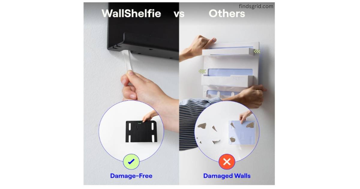 Damage-free wall removal comparison between WallShelfie adhesive strips and traditional wall shelves