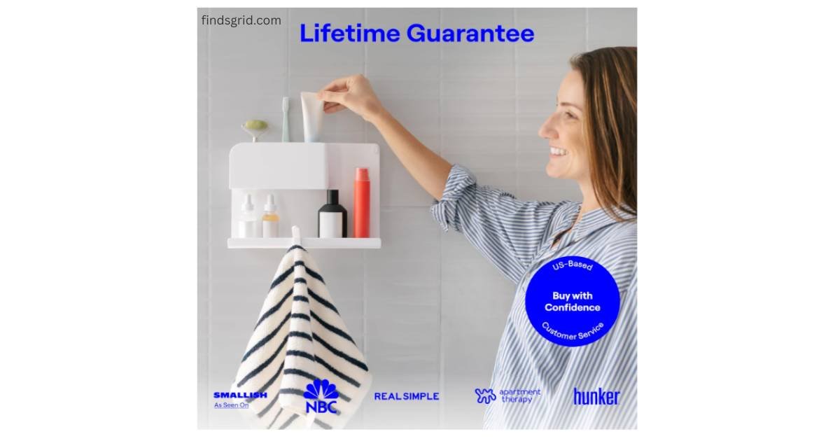 WallShelfie lifetime guarantee and media mentions for floating wall organizer
