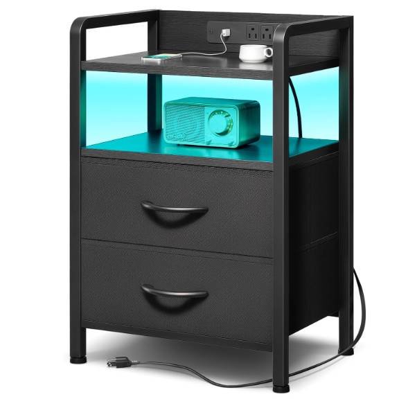 Lazzanto smart nightstand with cyan LED light glow and 2 fabric drawers