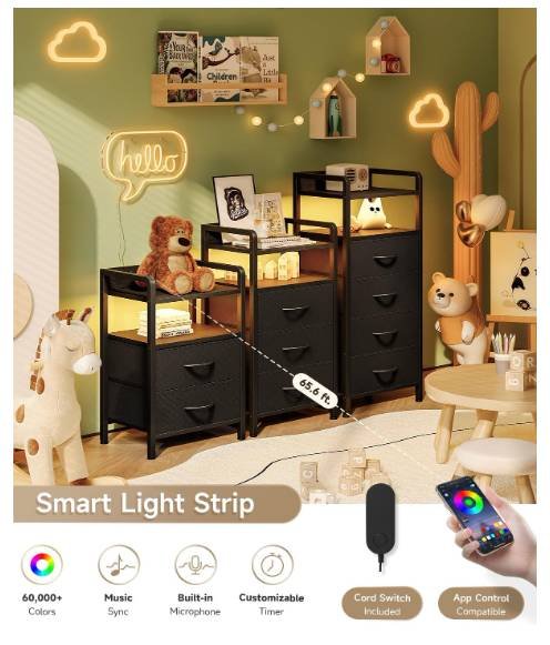 Smart LED light strip app control and music sync features for Lazzanto nightstand