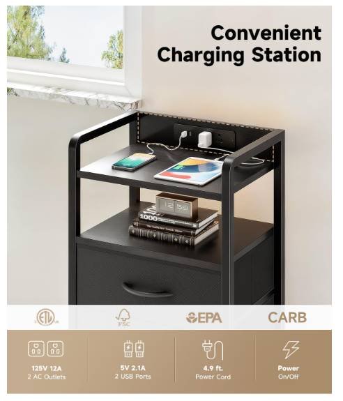 Built-in charging station on Lazzanto nightstand showing 2 AC outlets and 2 USB ports charging phone and tablet