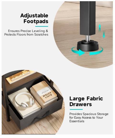 Spacious fabric drawers and adjustable leveling footpads on Lazzanto nightstand