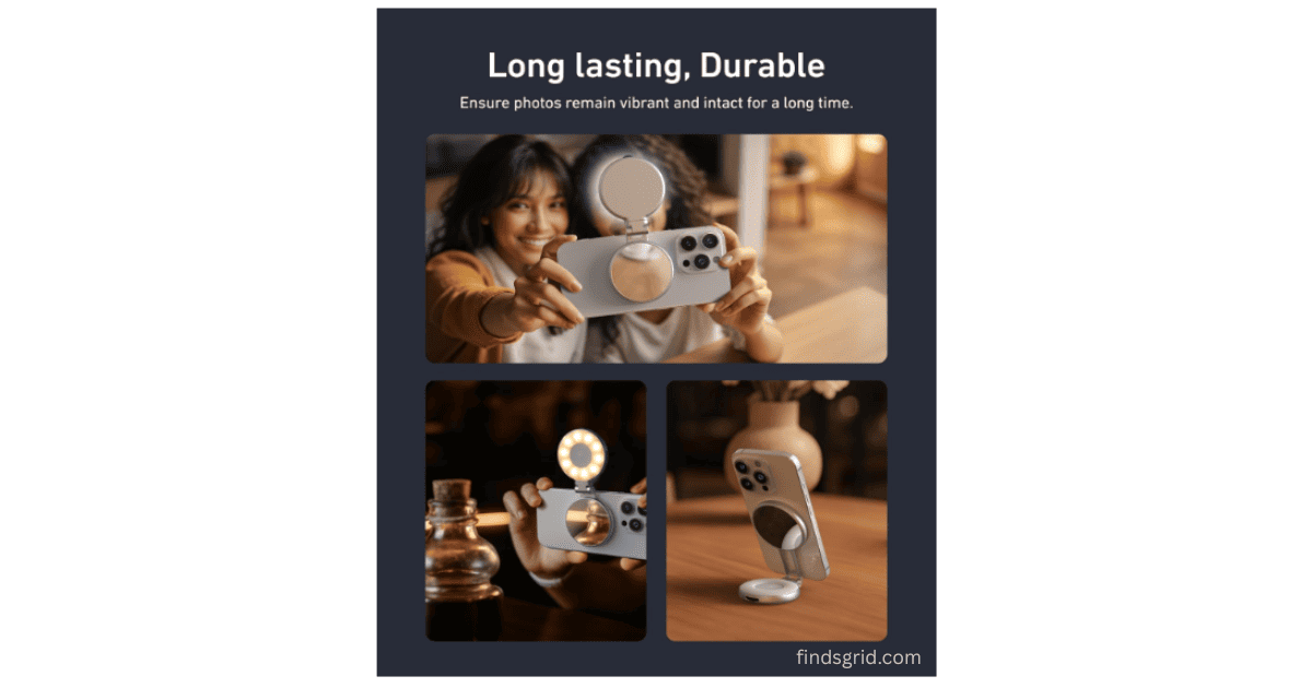 Content creators using portable magnetic selfie light for smartphone vlogging