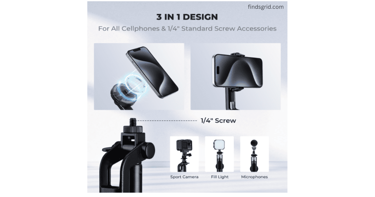 K&F Concept TF08 3 in 1 design showing quarter inch standard screw accessories