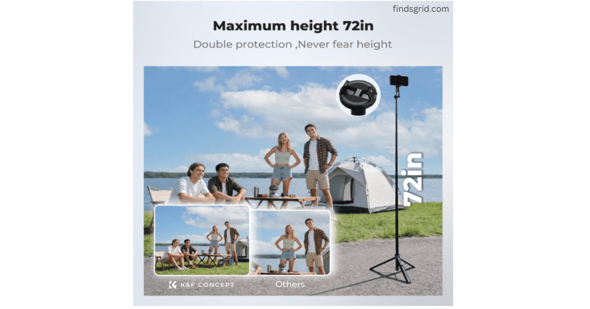 K&F Concept TF08 tripod extended to maximum height of 72 inches at a camping site