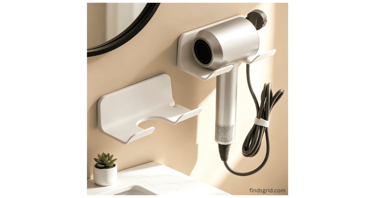 Wall mounted hair dryer bracket holder with cord organizer for bathroom vanity