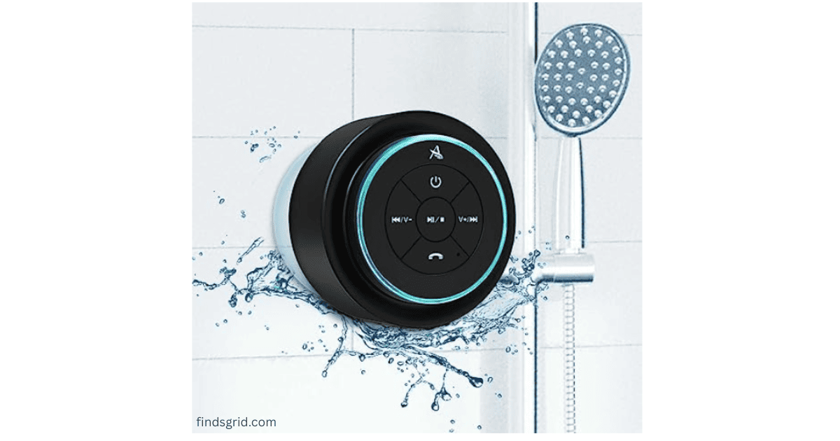 Suction cup waterproof Bluetooth shower speaker attached to bathroom tile wall