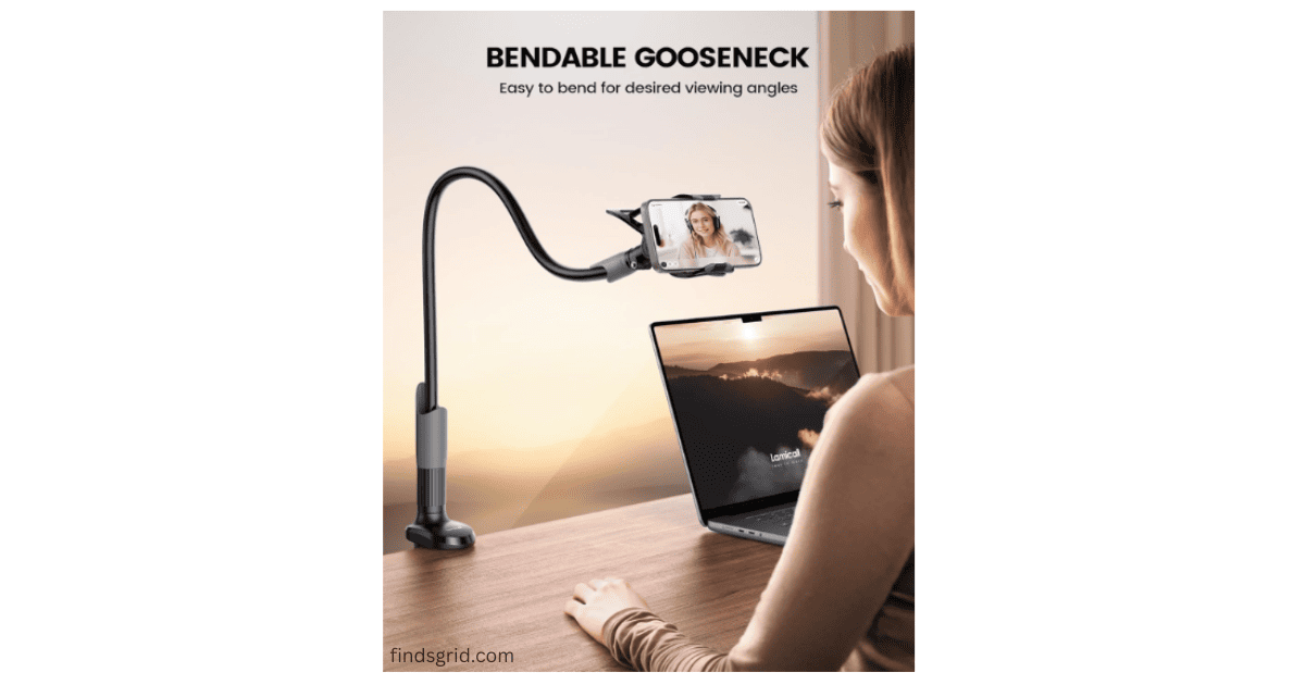 Woman using a flexible long arm phone mount while working on laptop