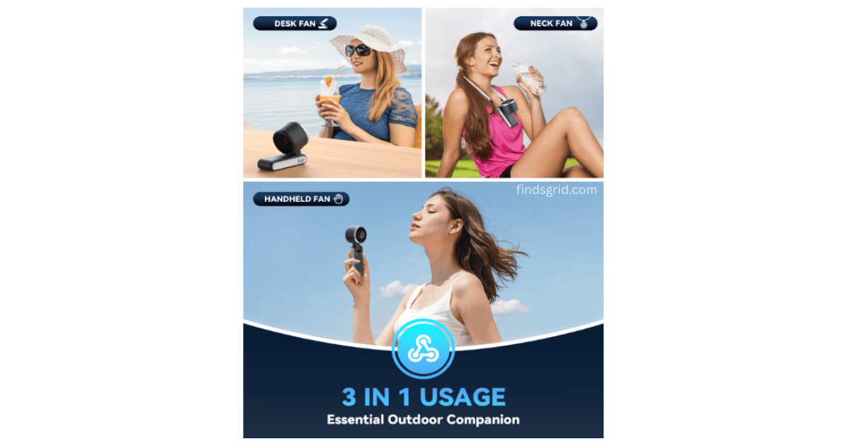 PlayHot N607 3 in 1 portable fan usage modes showing desk fan neck fan and handheld fan configurations as essential outdoor companion