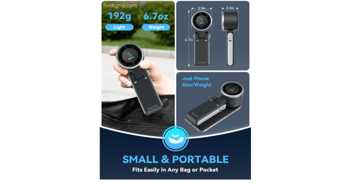 PlayHot foldable pocket fan size and weight comparison showing 192g 6.7oz dimensions next to a phone demonstrating compact portable design