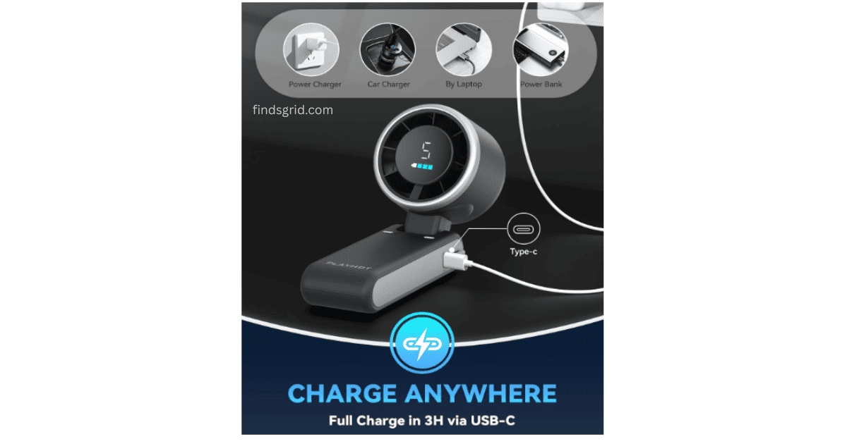 PlayHot N607 USB-C rechargeable fan charging options showing compatibility with laptop power bank car charger and wall adapter full charge in 3 hours