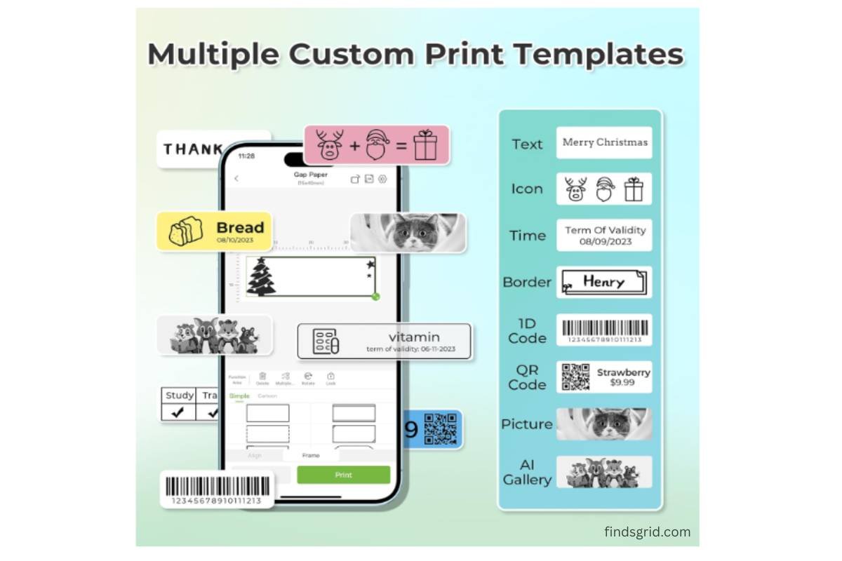 Nelko app custom print templates icons borders and barcodes design