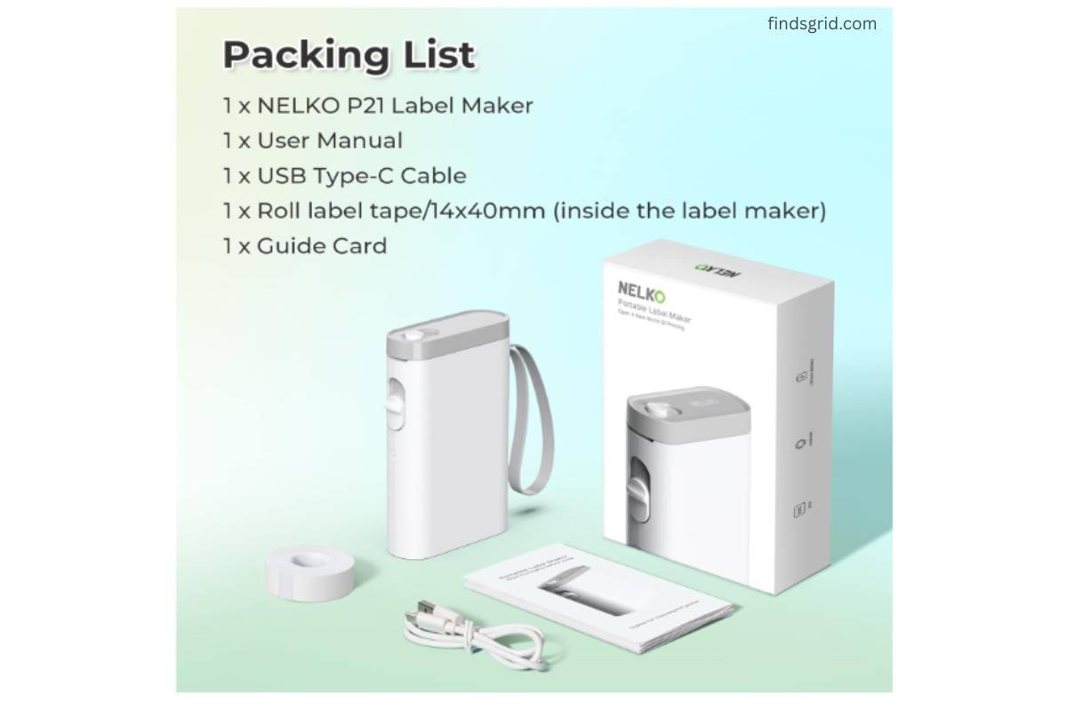 Nelko P21 label maker box packaging list and accessories included