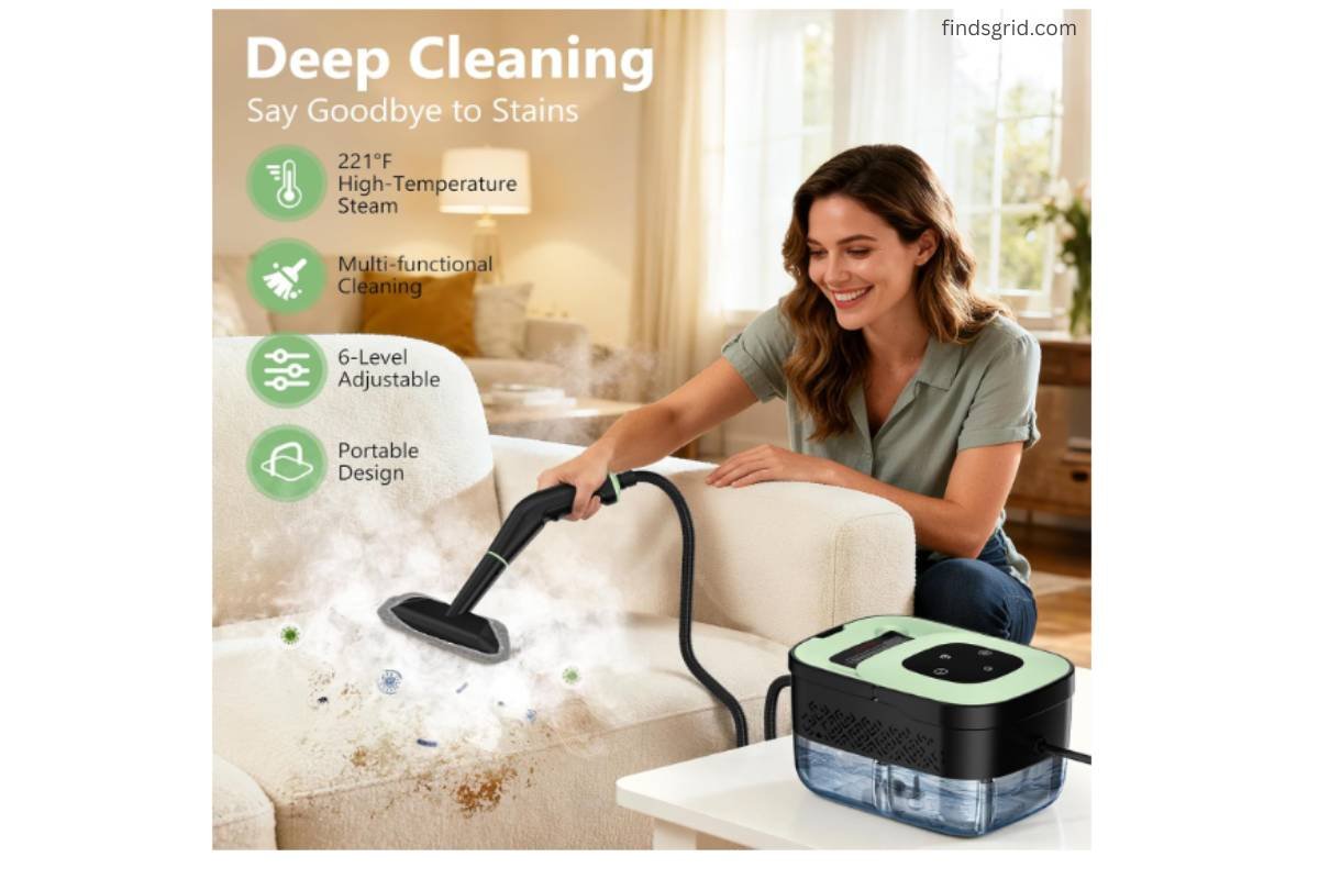 Deep cleaning a beige fabric sofa using the WSRYYCC high temperature portable steam cleaner.