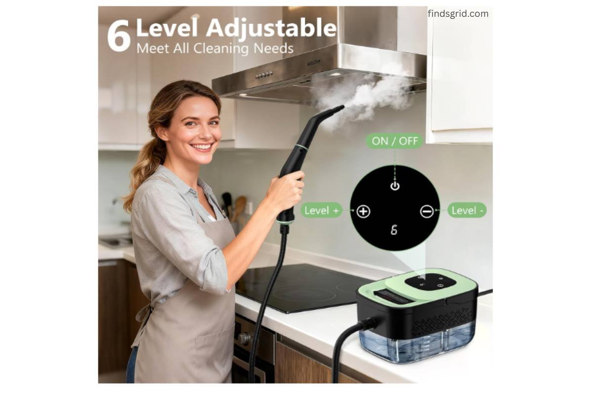 Woman adjusting the 6-level touch screen control on the WSRYYCC handheld steam cleaner in a kitchen.