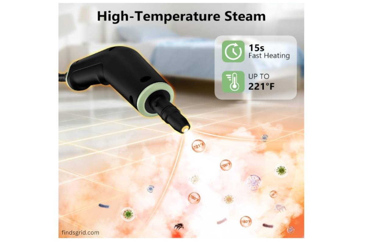 High temperature 221°F steam output from WSRYYCC portable steamer nozzle for germ removal.