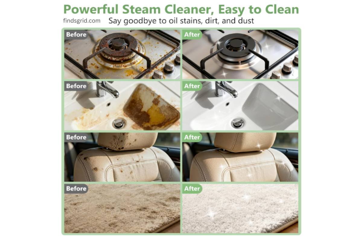 Before and after cleaning results on stove, sink, car seats, and carpet using WSRYYCC steam cleaner.