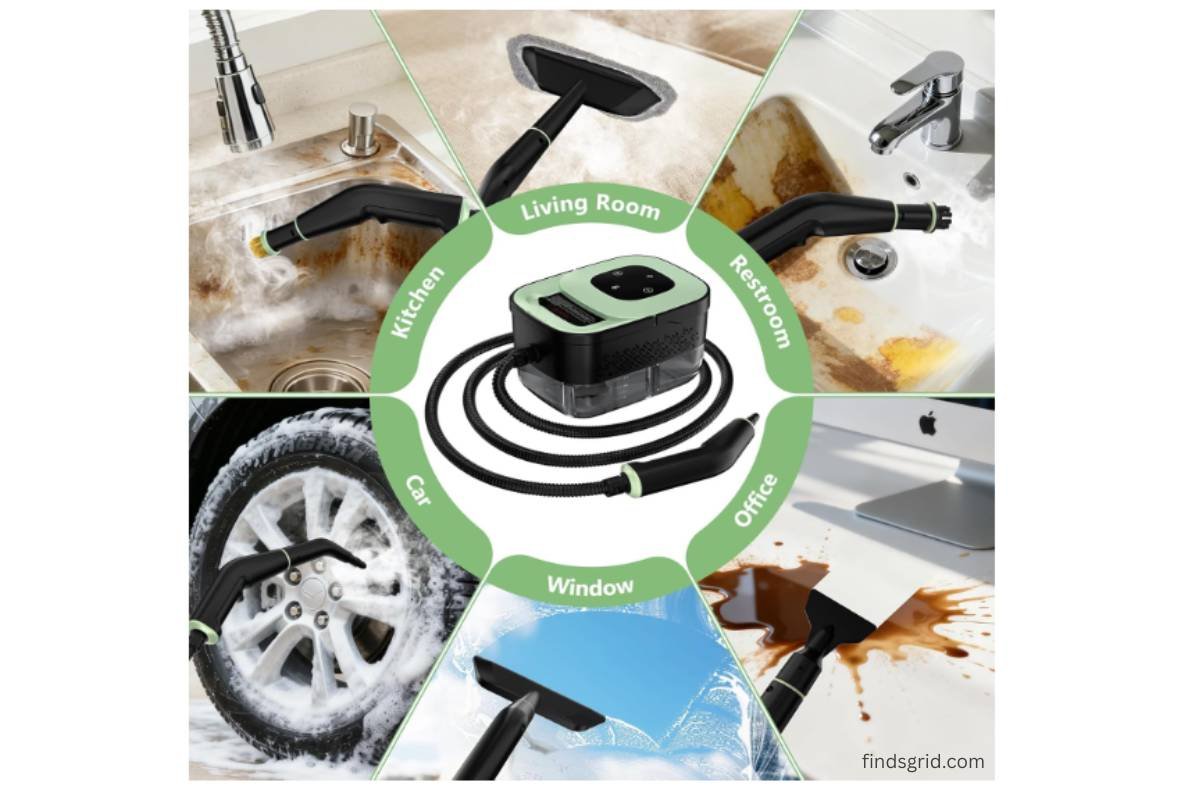 Multipurpose applications of WSRYYCC steam cleaner across home, kitchen, office, and vehicle detailing.