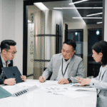 Business professionals discussing notes during an office meeting