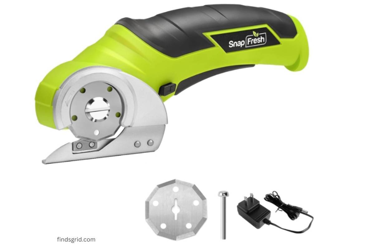 SnapFresh Cordless Electric Scissors with tungsten steel blade, charger, and accessories on white background