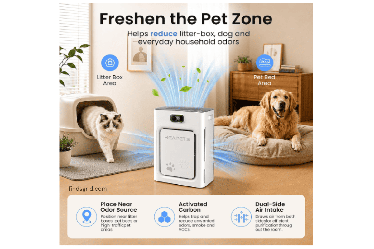 HEAPETS P358 placed near litter box and pet bed for odor control