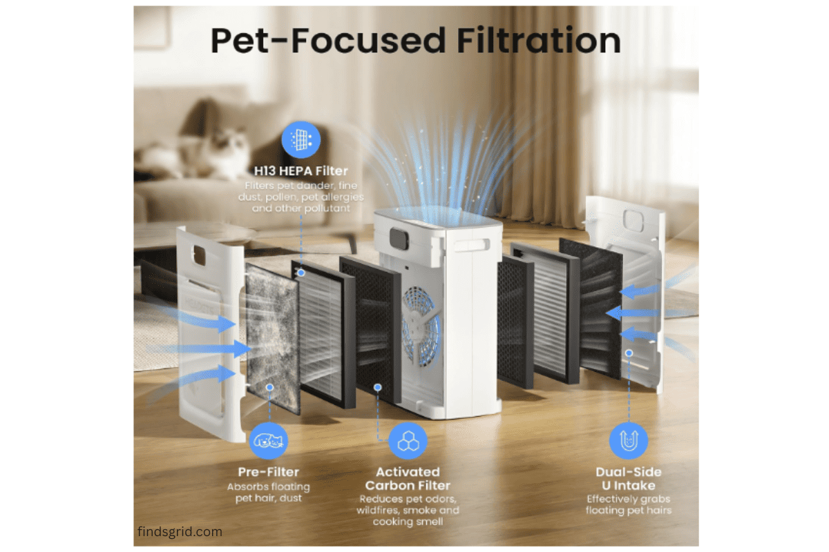 HEAPETS P358 exploded filter diagram showing dual-side U intake and HEPA filtration
