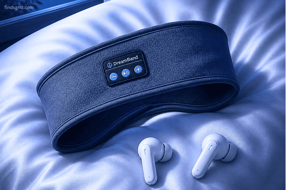 Sleep headband and wireless earbuds side by side on a pillow