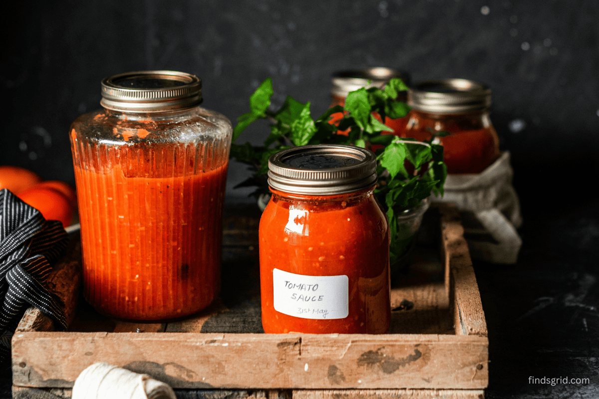 closed pasta sauce jar on a kitchen counter next to a boiling pot