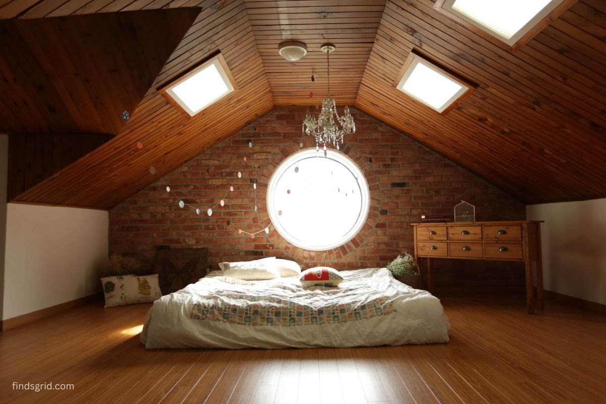 Insulated attic floor with exposed joists and an access hatch