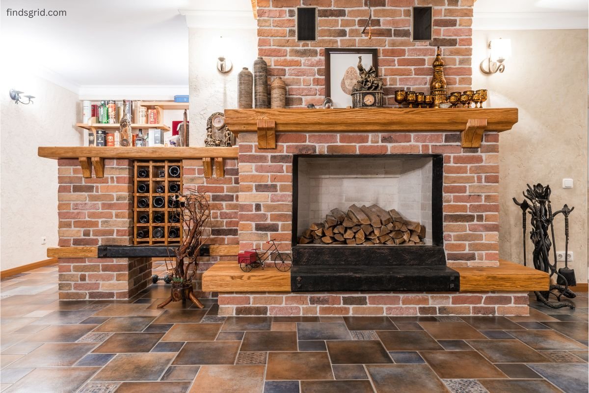 Brick fireplace with a closed glass door in a living room