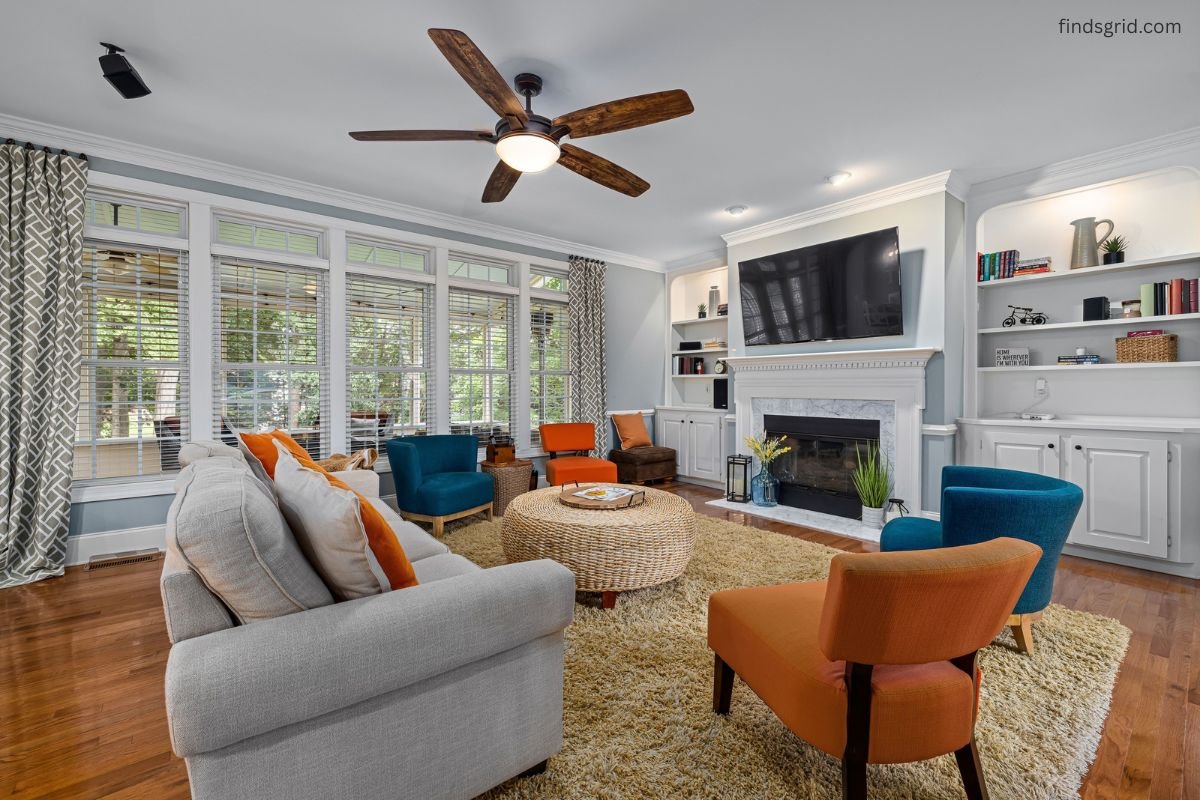 Ceiling fan in a living room set to spin clockwise during winter