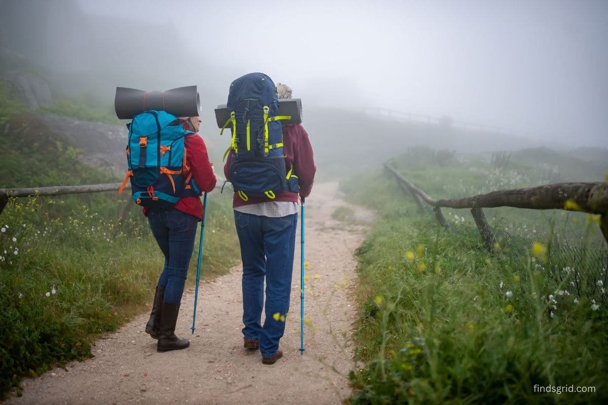 Hiker with trekking poles walking a trail, a hands-free POV video setup