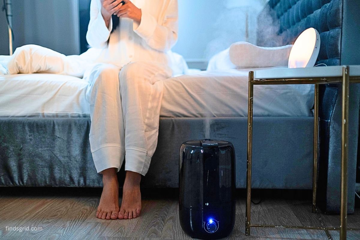 Humidifier releasing mist into a dry room during winter