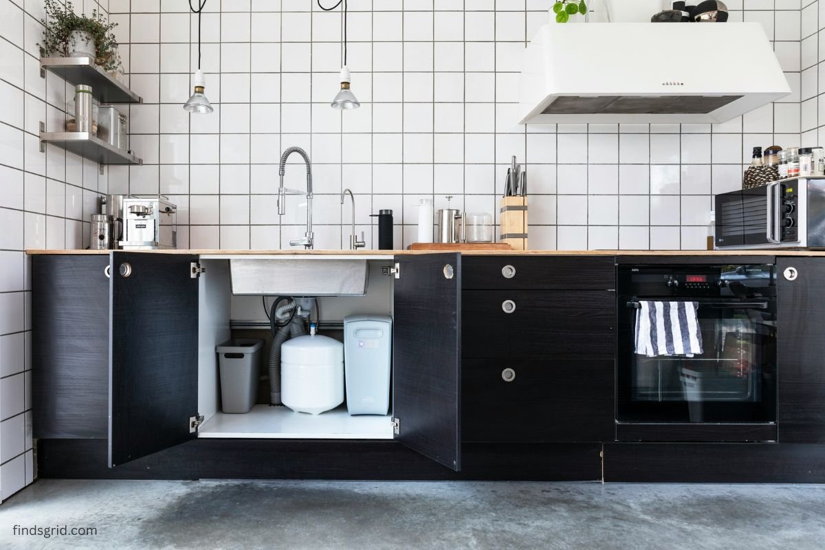Open under-sink cabinet showing water pipes in a kitchen