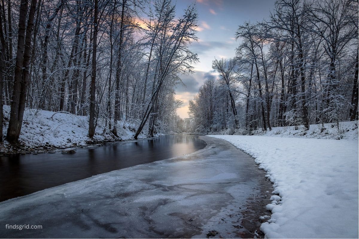 Snowy creek in winter, a reminder to keep wet water filters from freezing